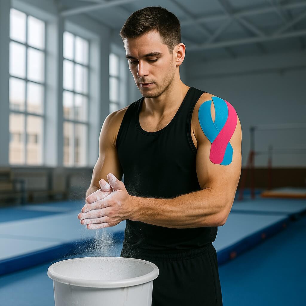 Turner in der Halle mit Magnesia und Tape.