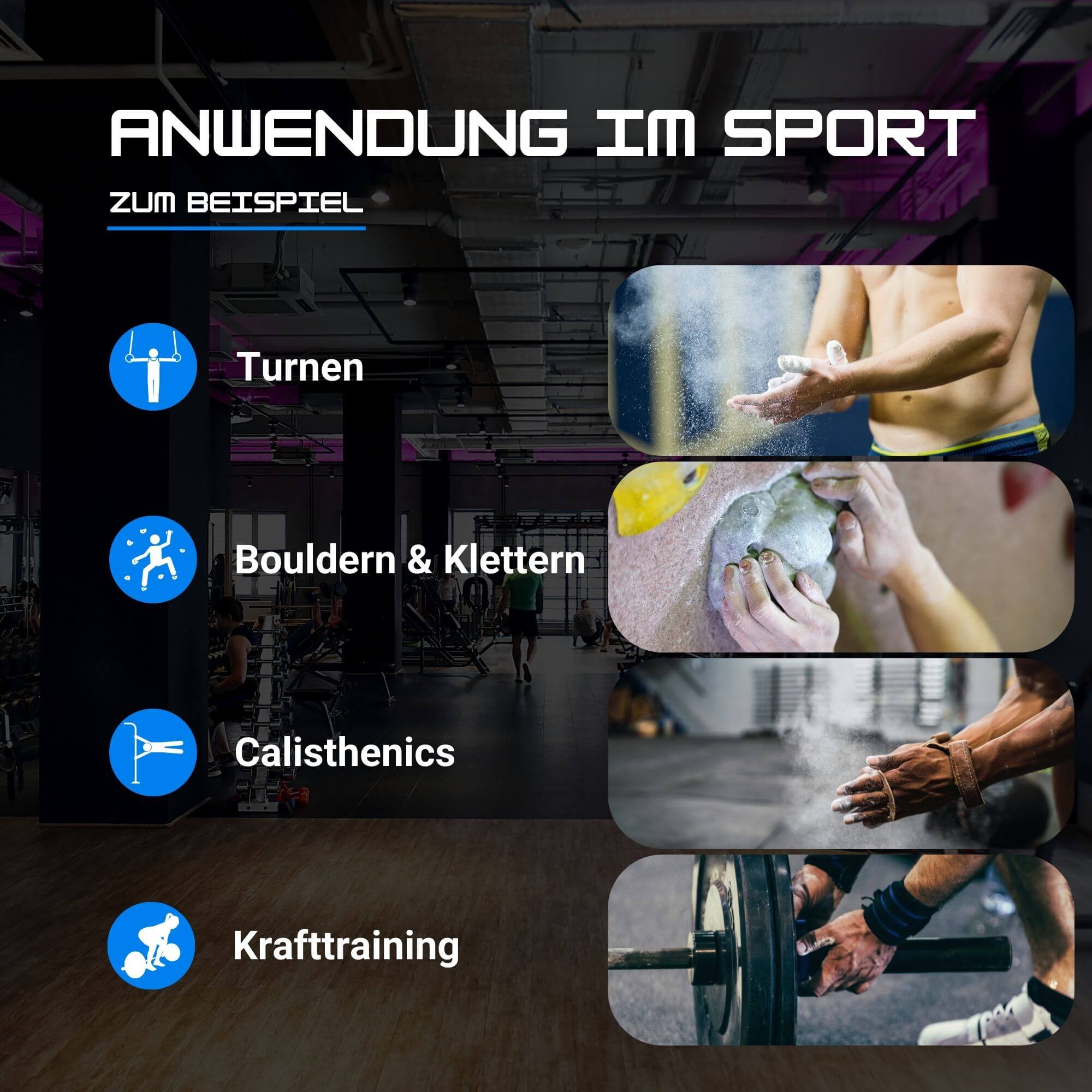 Die Anwendungsgebiete von Magnesia (Chalk) im Sport sind vielfältig.