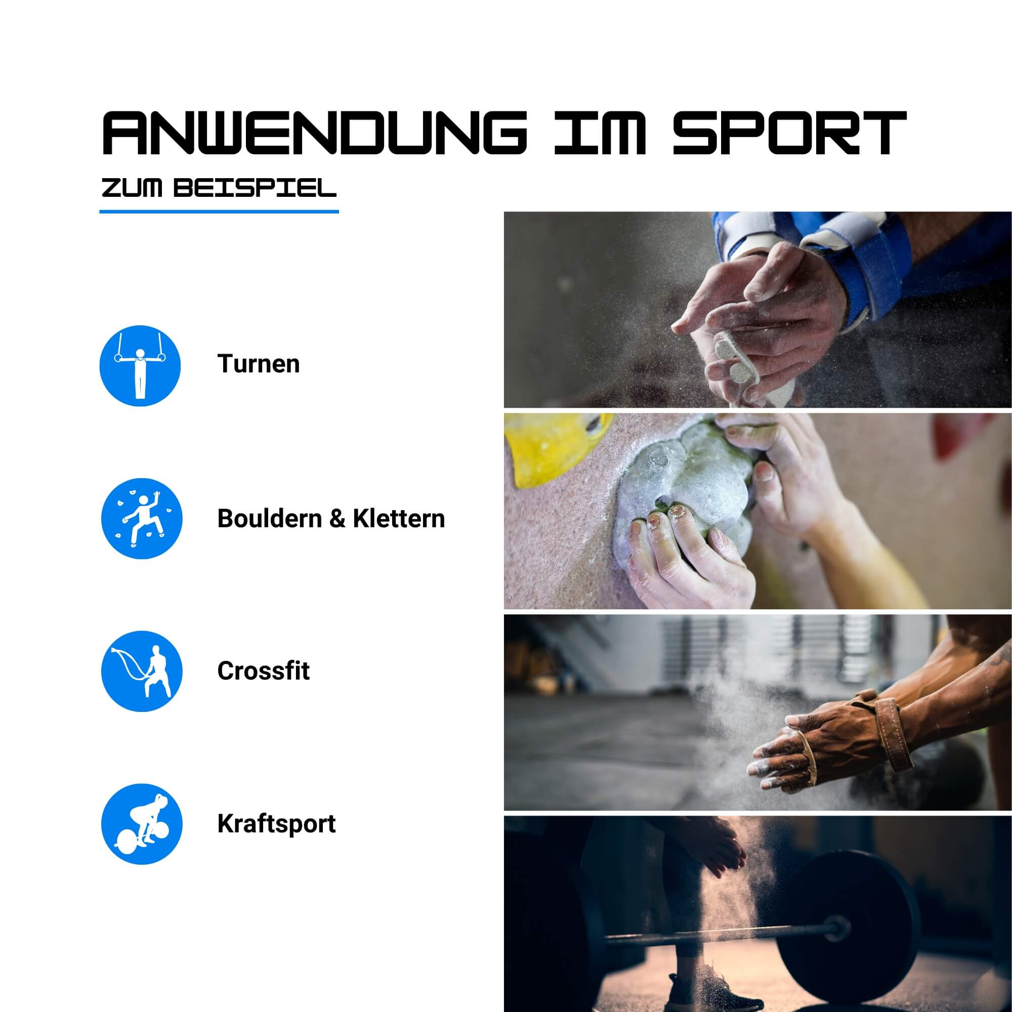Die Anwendungsgebiete von Magnesia (Chalk) im Sport sind vielfältig.