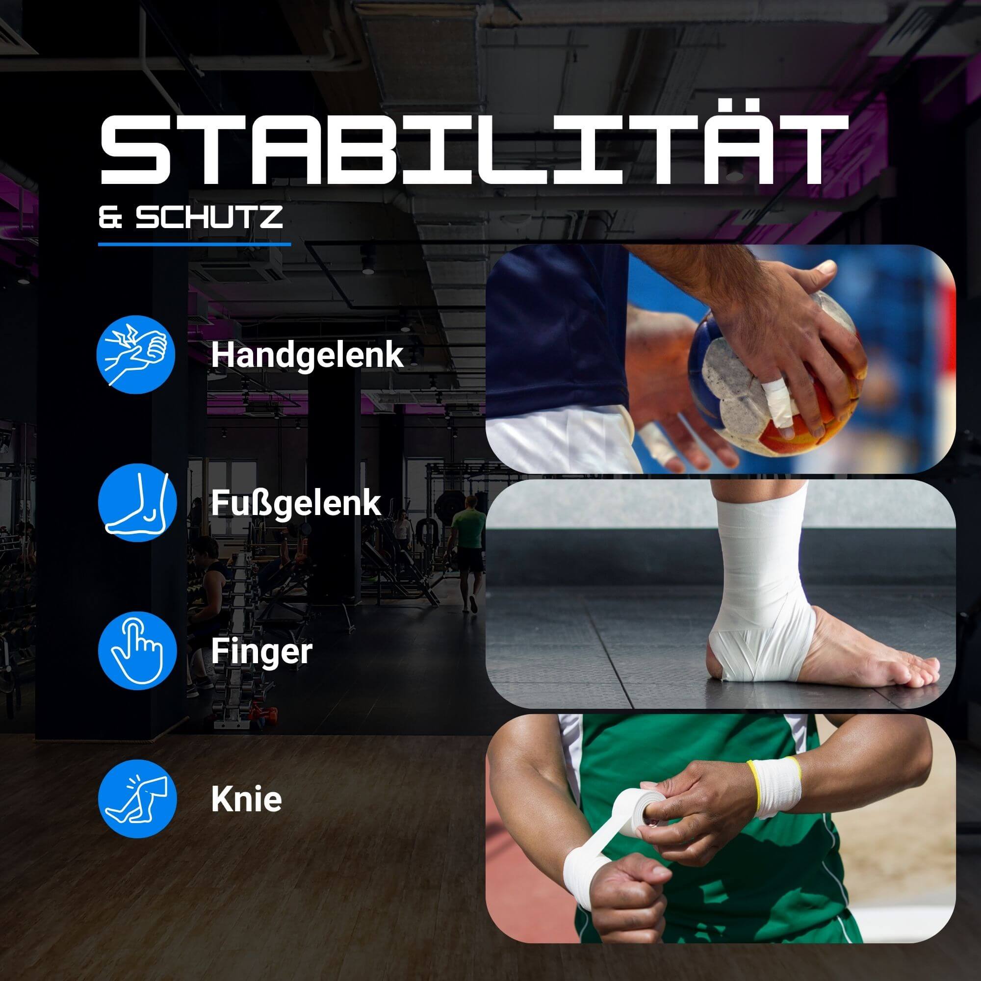 Anwendungsgebiet für Tape im Sport. Fußgelenk, Handgelenk, Finger etc.