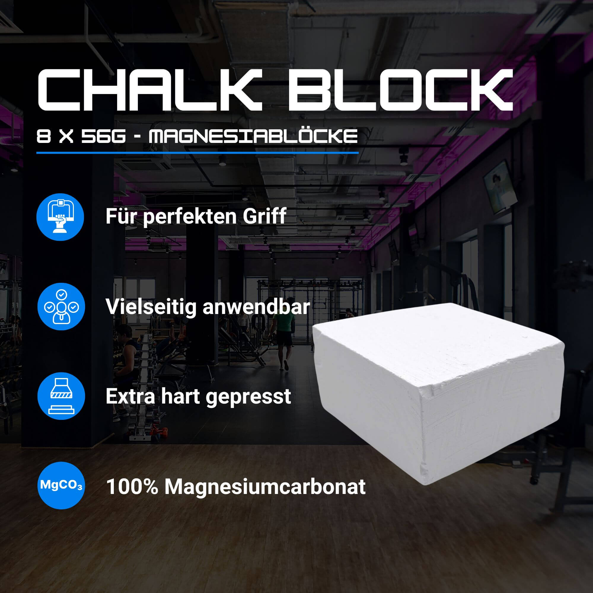 Ein Magnesiablock mit 56g Magnesia und einer Reihe Benefits die dieser mit sich bringt.