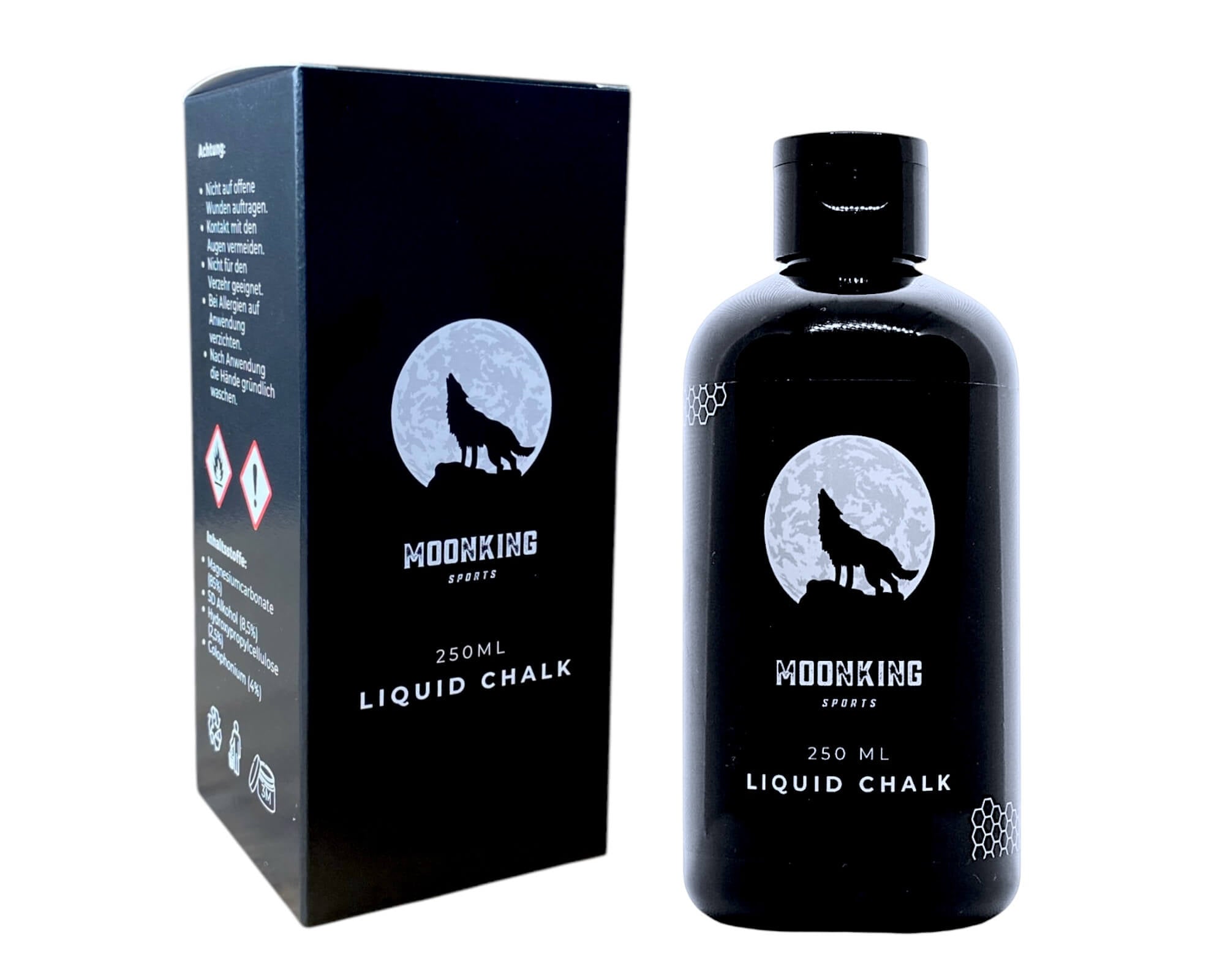 MoonKings Liquid Chalk 250 ml revolutioniert Ihren Griff und verbessert Ihre Leistung. Es wird in einer eleganten schwarzen Flasche und Schachtel geliefert. Das Design zeigt die Silhouette eines Wolfes, der bei Vollmond heult, wodurch es vielseitig für jede Umgebung einsetzbar ist.