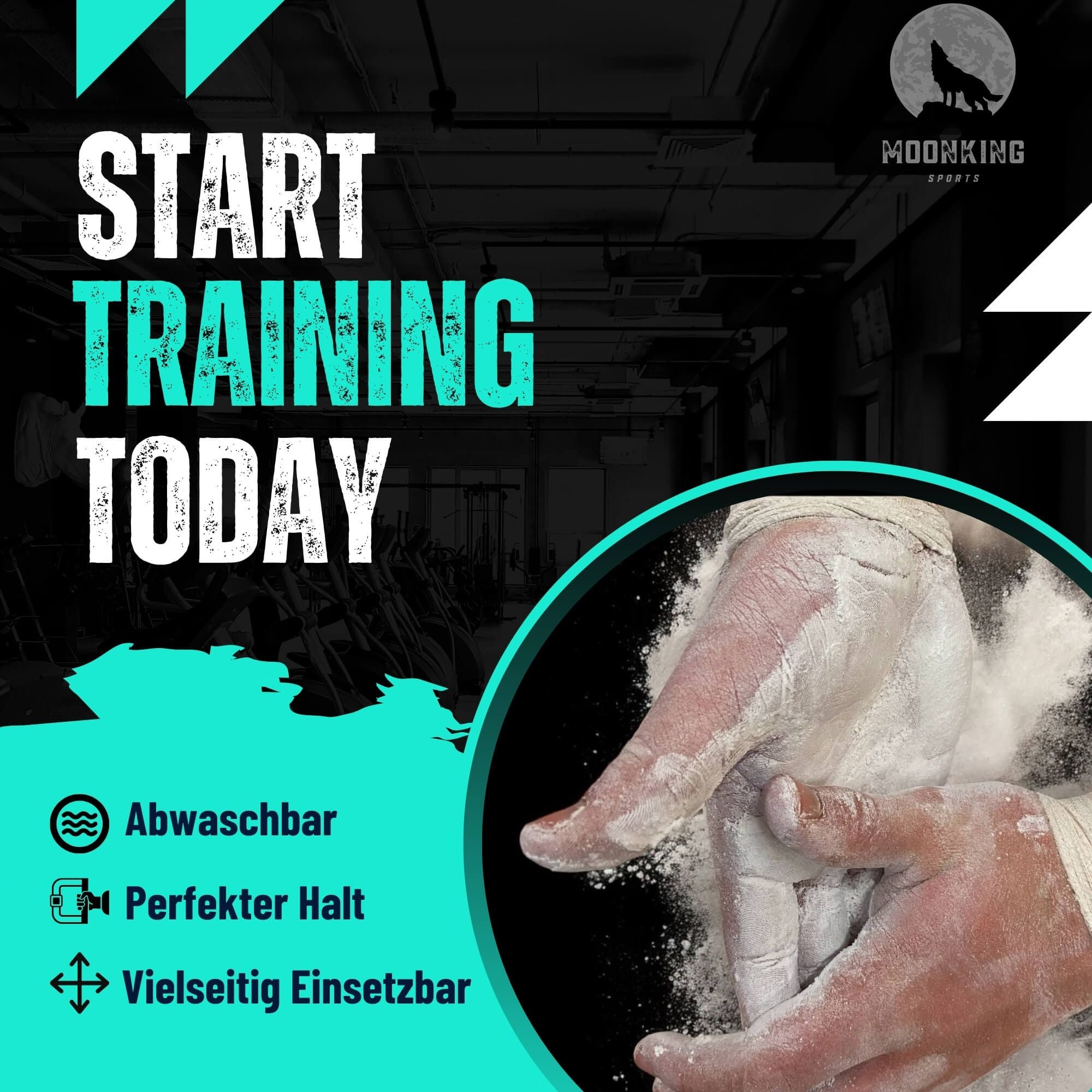 Eine Werbegrafik mit dem Text „Start Training Today“ und einer Nahaufnahme von Händen, die mit Crunchy Chalk bestäubt sind: Das außergewöhnliche Magnesia für unübertroffenen Halt von MoonKing. Symbole und Text in deutscher Sprache betonen Eigenschaften wie Waschbarkeit, perfekten Halt und Vielseitigkeit beim Klettern. Das MoonKing-Logo befindet sich in der oberen rechten Ecke.