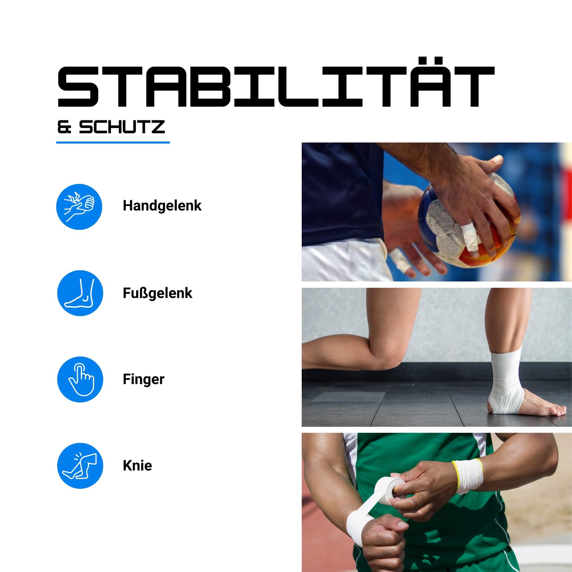 Anwendungsgebiet für Tape im Sport. Fußgelenk, Handgelenk, Finger etc.