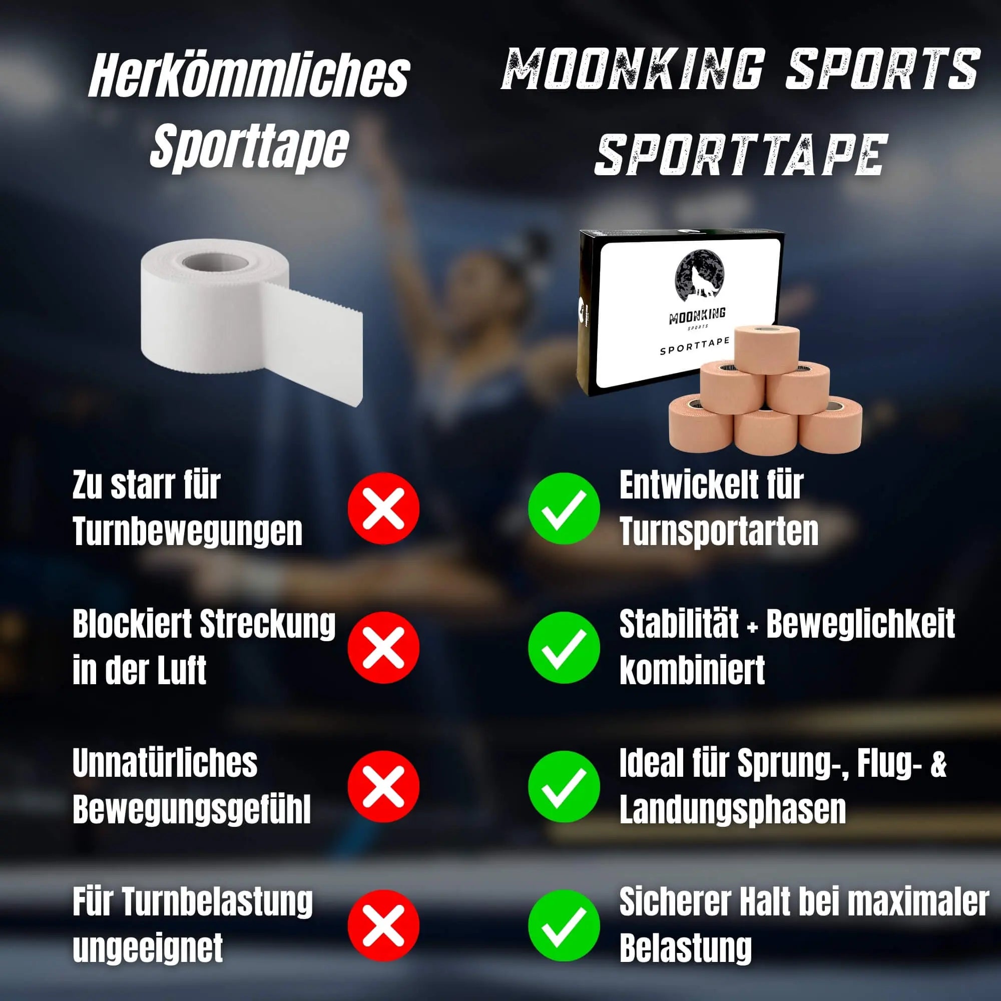 MoonKing Sports Sporttape Beige im Vergleich mit herkömmlichen Tape.